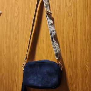 Ah Dorned Navy Faux Suede Crossbody Bag with Patterned Strap